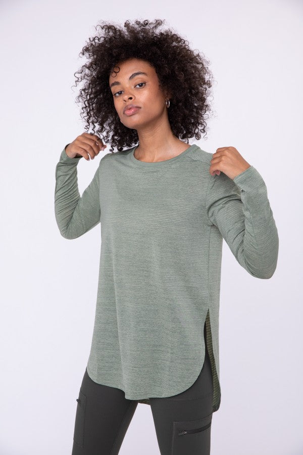 Ribbed Mesh Long Sleeve Flow Top with Side Slits