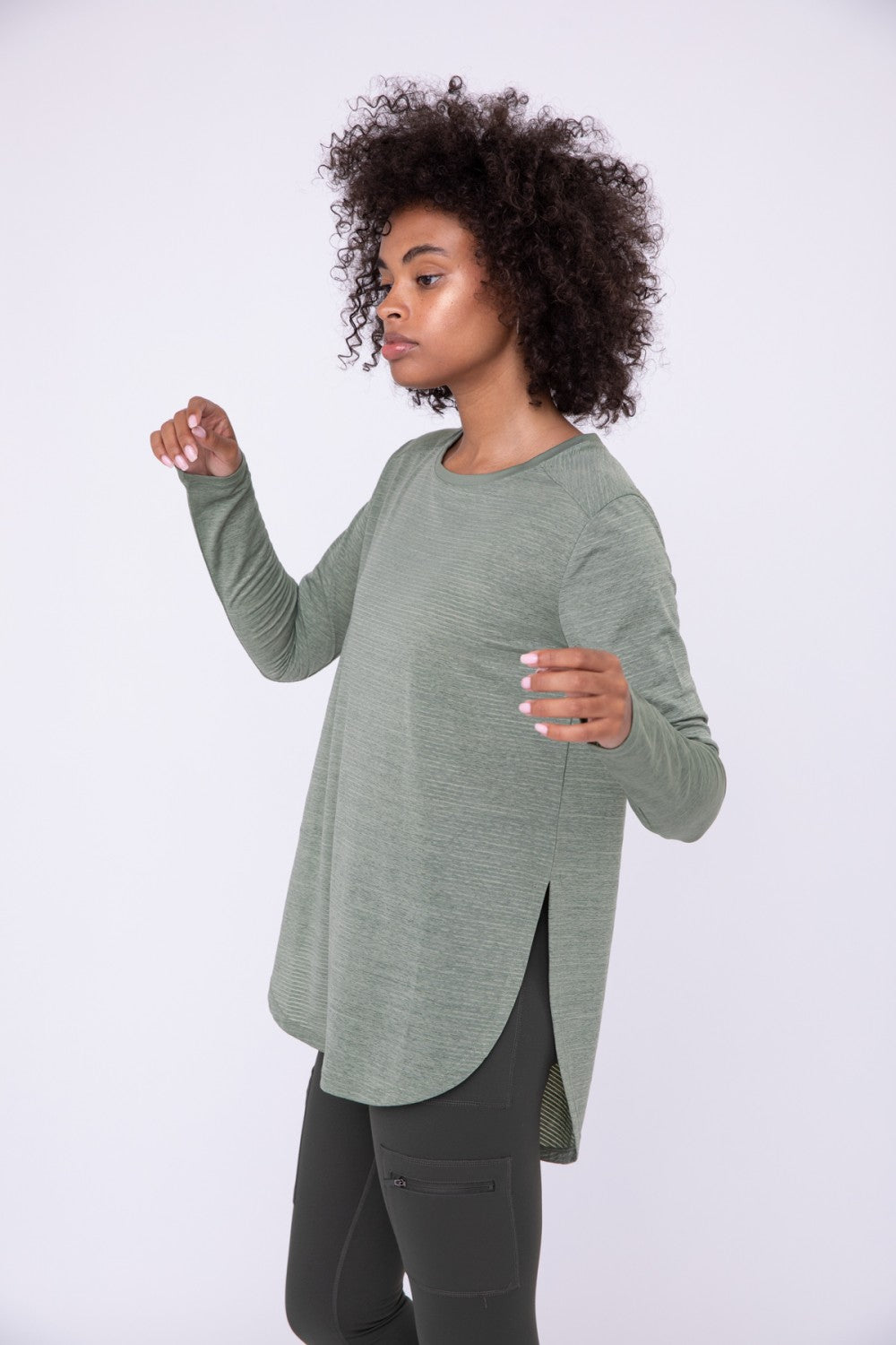 Ribbed Mesh Long Sleeve Flow Top with Side Slits